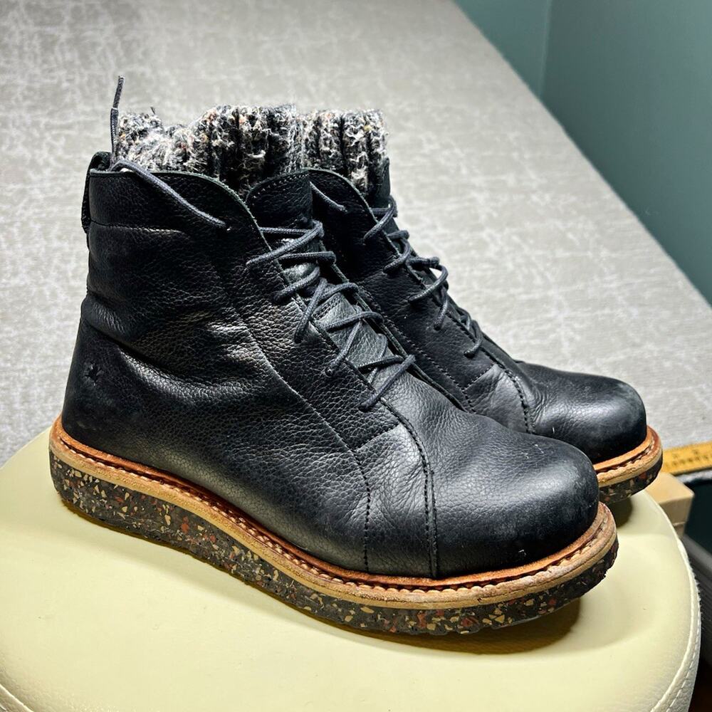 El Natrualista Pizarro Black Leather Lace Up Knit Cuff Boot Eu 38 US 8